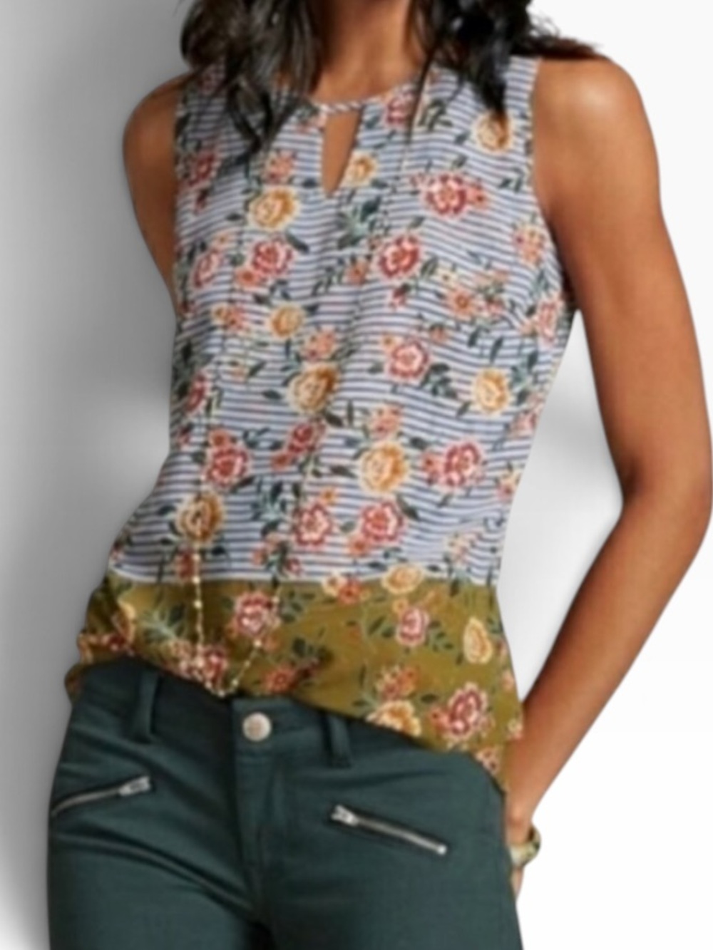 CAbi Olive/Blue Color Block Floral Stripe Sleeveless "Penelope" Blouse #5354 M